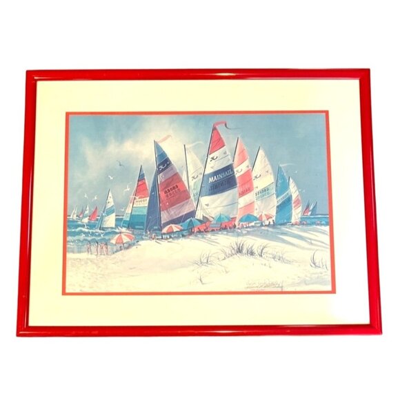 Richard E. Williams Retro 90's Red Framed Beach Boats Artist Signed Lithograph - Picture 4 of 16
